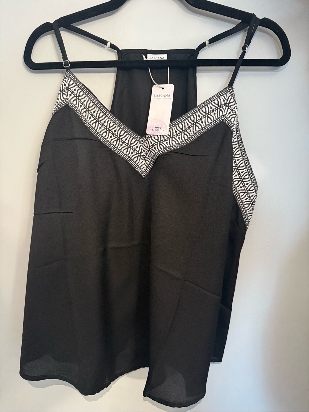 Lascana Black V-Neck Embroidered Trim Racerback